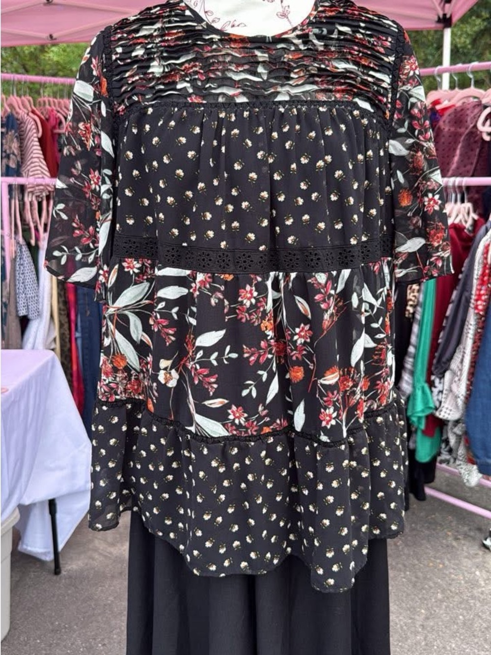 Daniel Rainn Black Floral Tiered Tunic with Smocking